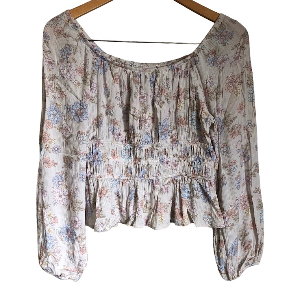 Women’s Floral Peasant Blouse - White with Pastel Flowers
